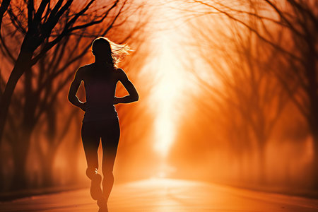 Beautiful woman running early morning sunrise, workout on misty mountain road workout jog. Runnerの素材