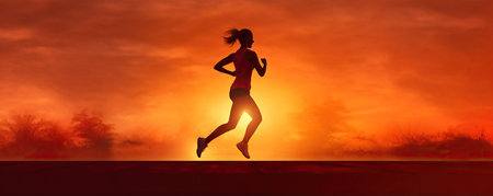 Beautiful woman running early morning sunrise, workout on misty mountain road workout jog. Runnerの素材