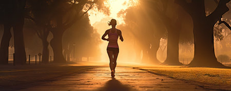Beautiful woman running early morning sunrise, workout on misty mountain road workout jog. Runnerの素材