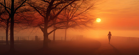 Beautiful woman running early morning sunrise, workout on misty mountain road workout jog. Runnerの素材