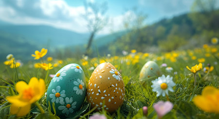 Colorful decorated Easter eggs hiding in the grass on meadow. Easter landscapeの素材