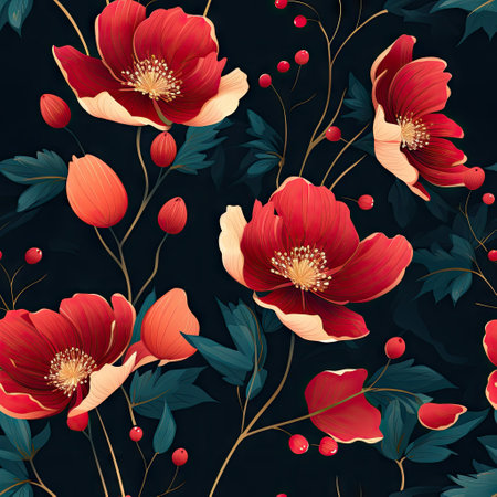 Red flowers on dark background seamless pattern. Folk style. Floral backgroundの素材