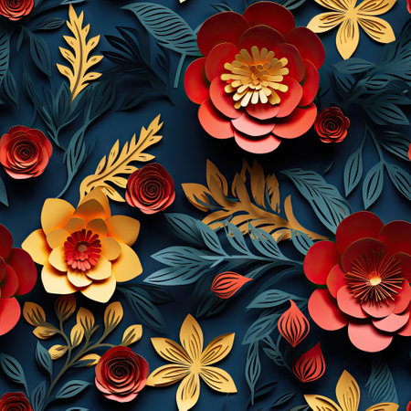 Colorful paper spring flowers and leaves seamless pattern. Bright floral designの素材