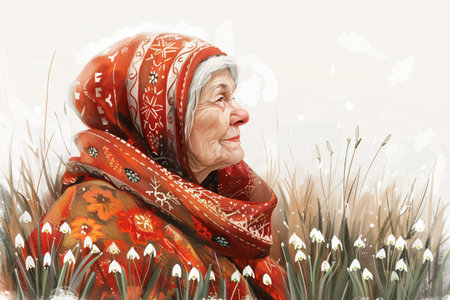 Grandmother Marta on spring field with snowdrops. Baba Marta Day, Martenitsaの素材