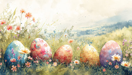 Colorful decorated Easter eggs hiding in the grass on meadow. Watercolor East landscapeの素材