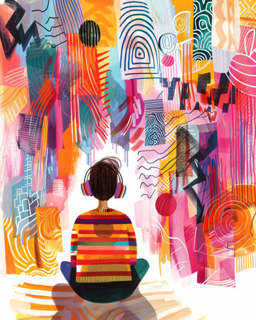 Girl listen to the music in headphones and see colorful melody. Synesthesia, ASMRの素材