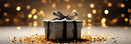 Gift box with golden ribbon bow and confetti on blurred background with lights and sparklesの素材