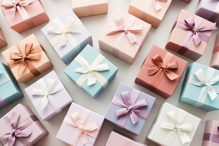 Gift boxes and flowers on light background. Present for woman. Sale, discount. Pastel colorsの素材