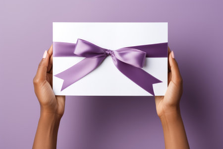 Hands holding gift box with ribbon bow. Present for birthday, Valentine's, Women's and Mother's dayの素材