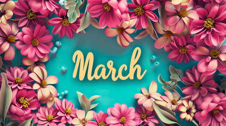 Lettering March with plants, leaves and colorful flowers on light background. Hello spring, March 1の素材