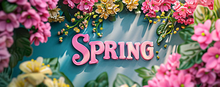 Lettering spring with plants, leaves and colorful flowers. Floral background. Hello spring, 1 Marchの素材
