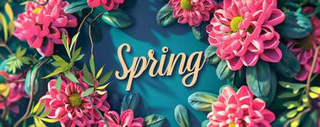Lettering spring with plants, leaves and colorful flowers. Floral background. Hello spring, 1 Marchの素材