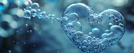 Heart made of soap foam with bubbles on blue background. Hygiene, healthcare, cleaning serviceの素材
