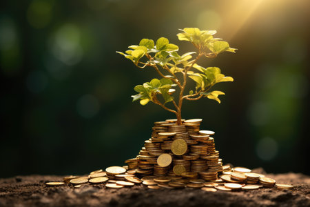 Tree growing on a pile of coins. Money tree. Economic growth and environmental investmentの素材