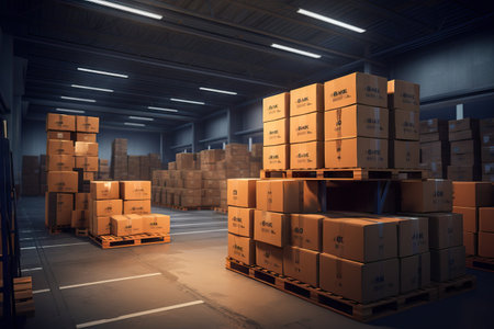 Goods packages lying on storehouse racks for transportation. Product in cardboard boxes on shelvesの素材