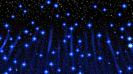 Abstract neon pattern with blue shining stars on black background. 80s, 90s retro style. Night clubの素材