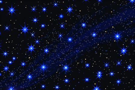Abstract neon pattern with blue shining stars on black background. 80s, 90s retro style. Night clubの素材