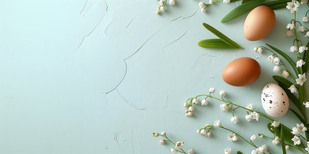 Frame with easter eggs and lily of the valley flowers on pastel blue background. Happy Easterの素材