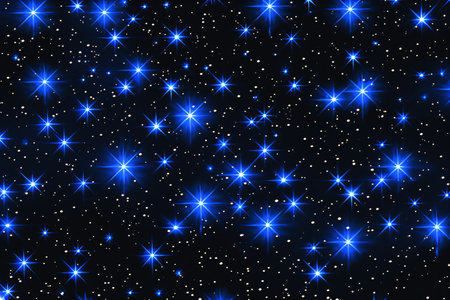 Abstract neon pattern with blue shining stars on black background. 80s, 90s retro style. Night clubの素材