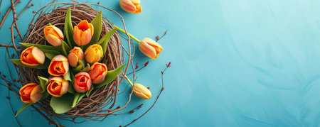 Tulip flowers in basket on blue background. Spring and Easter holiday greeting card with copy spaceの素材