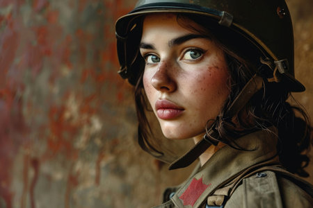 Courageous female soldier. Young girl wearing retro military uniform. Women's History Monthの素材