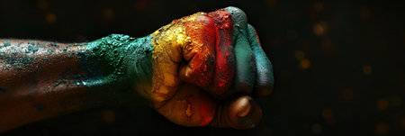 Hand raised with closed fist. Black power hand, protest and revolution gesture. Black lives matterの素材