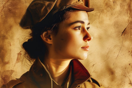 Courageous female soldier. Young girl wearing retro military uniform. Women's History Monthの素材