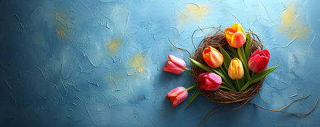 Tulip flowers in basket on blue background. Spring and Easter holiday greeting card with copy spaceの素材