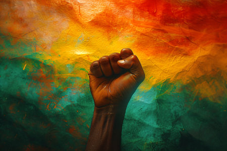Hand raised with closed fist. Black power hand, protest and revolution gesture. Black lives matterの素材