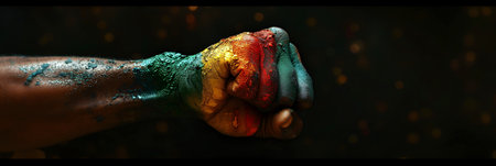 Hand raised with closed fist. Black power hand, protest and revolution gesture. Black lives matterの素材