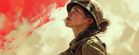 Courageous female soldier. Young girl wearing retro military uniform. Women's History Monthの素材