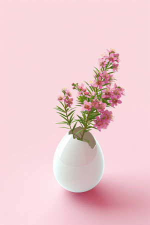 White egg with flowers inside on pastel pink background. Creative minimalistic Easter conceptの素材