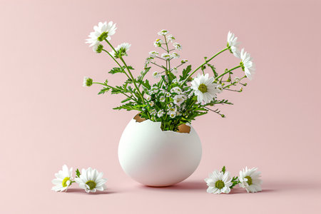 White egg with flowers inside on pastel pink background. Creative minimalistic Easter conceptの素材