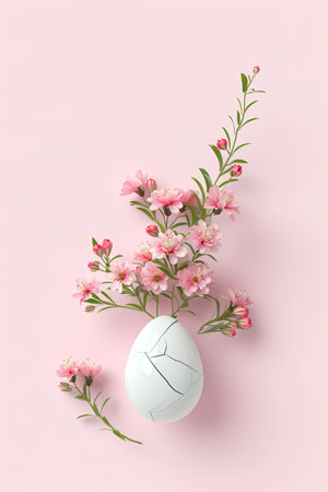 White egg with flowers inside on pastel pink background. Creative minimalistic Easter conceptの素材
