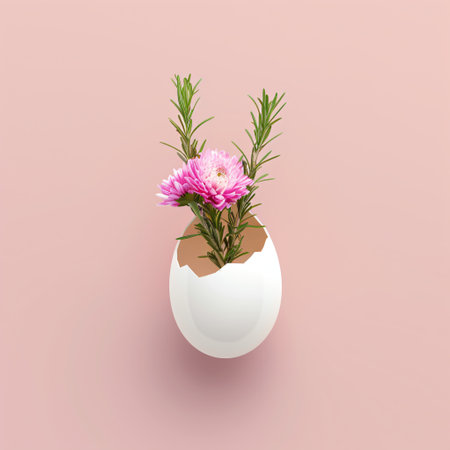 White egg with flowers inside on pastel pink background. Creative minimalistic Easter conceptの素材