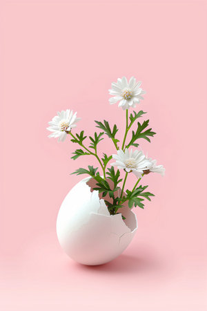 White egg with flowers inside on pastel pink background. Creative minimalistic Easter conceptの素材