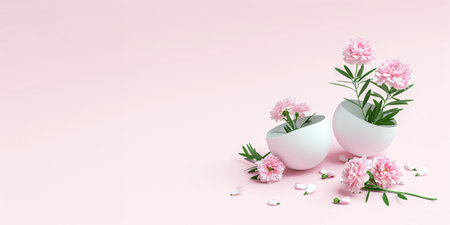 White egg with flowers inside on pastel pink background. Creative minimalistic Easter conceptの素材