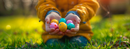 Kid on Easter egg hunt in spring sunny garden. Child play and searching colorful eggs in grassの素材