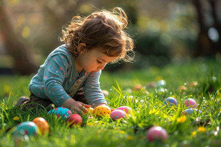 Kid on Easter egg hunt in spring sunny garden. Child play and searching colorful eggs in grassの素材