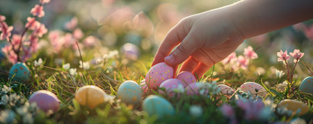 Kid on Easter egg hunt in spring sunny garden. Child play and searching colorful eggs in grassの素材