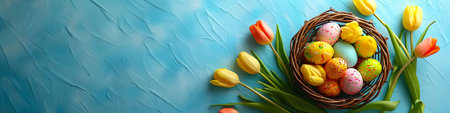Easter eggs and tulips in basket on blue background. Eggs and flowers in nest. Spring and Easterの素材