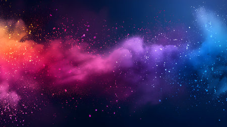 Freeze motion of colorful powder explosion on dark background. Holi celebration, festival of colorsの素材