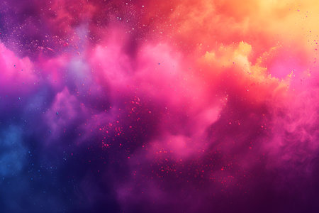 Freeze motion of colorful powder explosion on dark background. Holi celebration, festival of colorsの素材