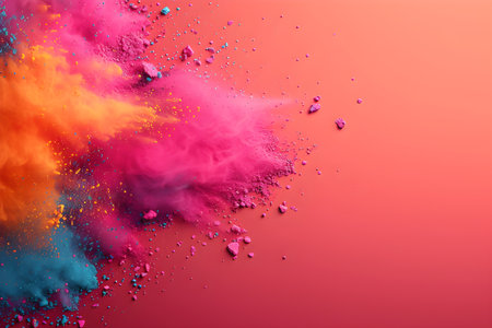 Freeze motion of colorful powder explosion on dark background. Holi celebration, festival of colorsの素材