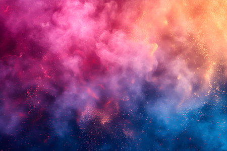 Freeze motion of colorful powder explosion on dark background. Holi celebration, festival of colorsの素材