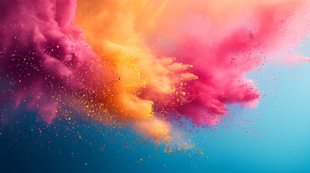Freeze motion of colorful powder explosion on dark background. Holi celebration, festival of colorsの素材
