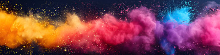 Freeze motion of colorful powder explosion on dark background. Holi celebration, festival of colorsの素材