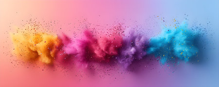 Freeze motion of colorful powder explosion on dark background. Holi celebration, festival of colorsの素材