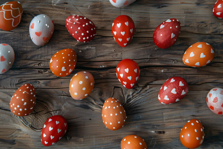 Easter eggs on wooden background. Happy Easter retro concept. Rustic styleの素材