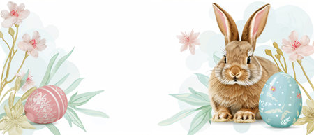 Watercolor illustration of cute rabbit sitting on spring field. Happy Easter banner or cardの素材
